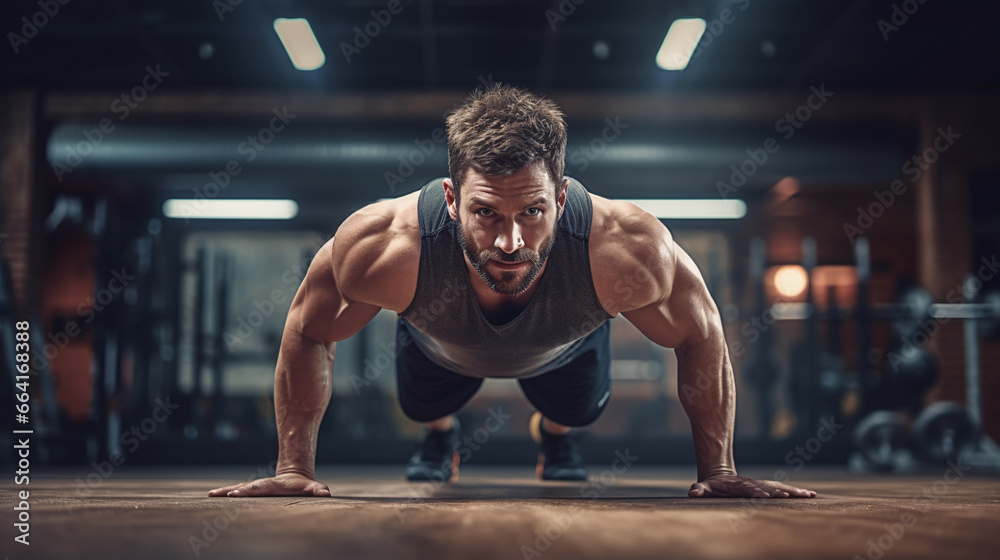 Athlete doing push up in a gym.