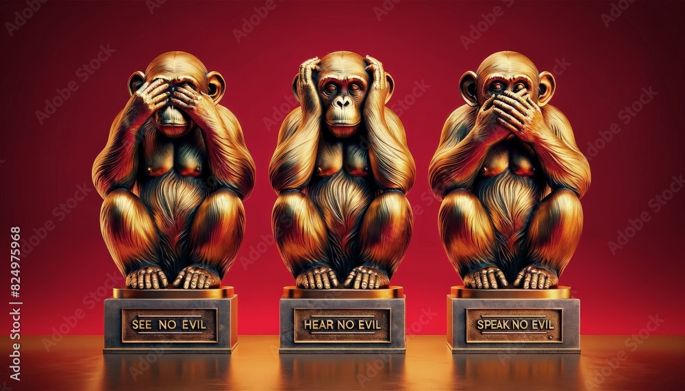 Statues of three wise monkeys on a red background, symbolizing See No Evil, Hear No Evil, Speak No Evil in vibrant colors.